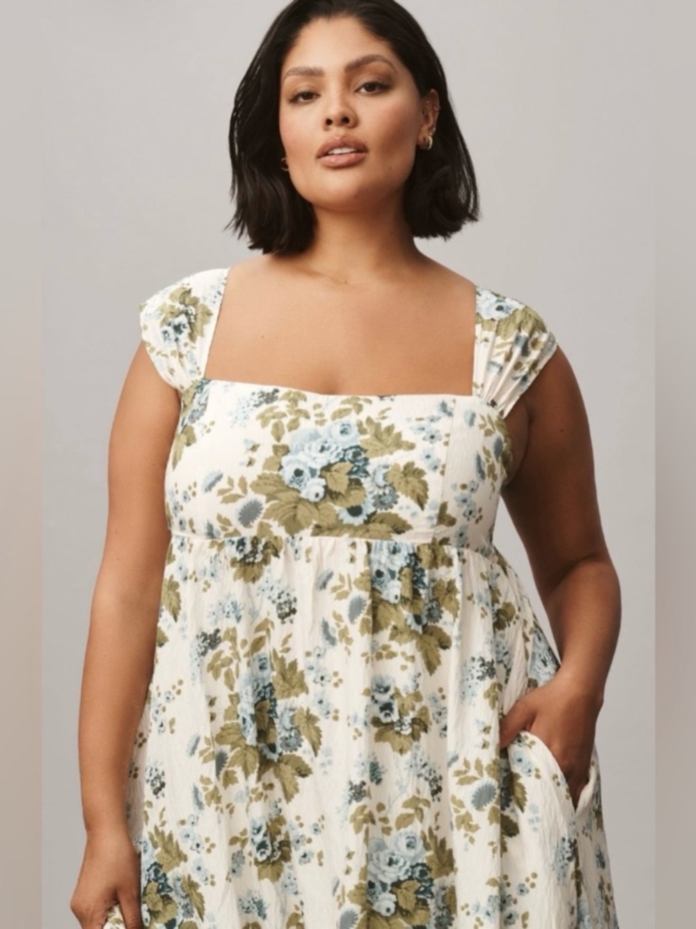 By Anthropologie Floral Blue Rose Maxi Square Neck Dress 1X - Picture 2 of 9